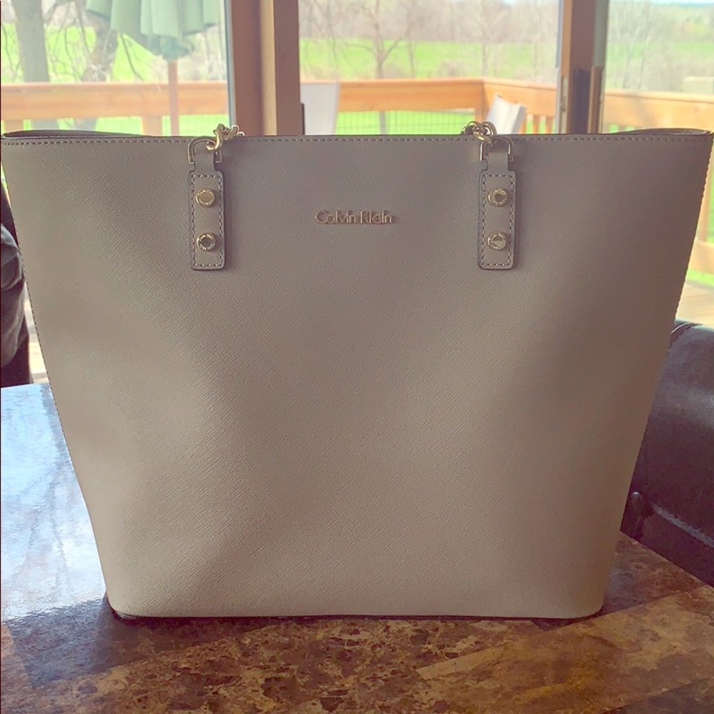Beige Calvin Klein Genuine Leather Tote Purse